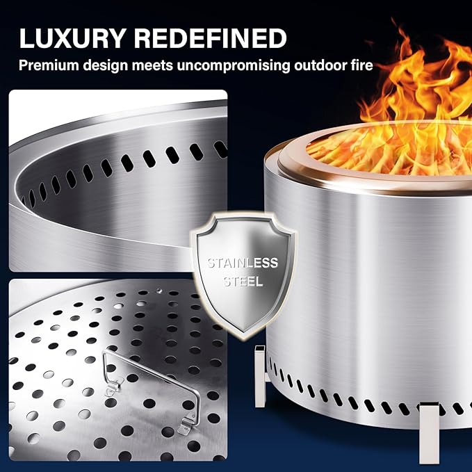 HGD 20" Smokeless Firepit with Stand & Grill Rack, Stainless Steel Wood Burning Fire Pit for Friends & Family Gatherings, Secondary Combustion Outdoor Patio Stove for Garden BBQ & Bonfire
