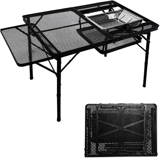 4ft Folding BBQ Table with Wing Plate, Height Adjustable Metal Table with Small Charcoal Grill, Portable Outdoor Table Removable to Two Tables (Bright Black)