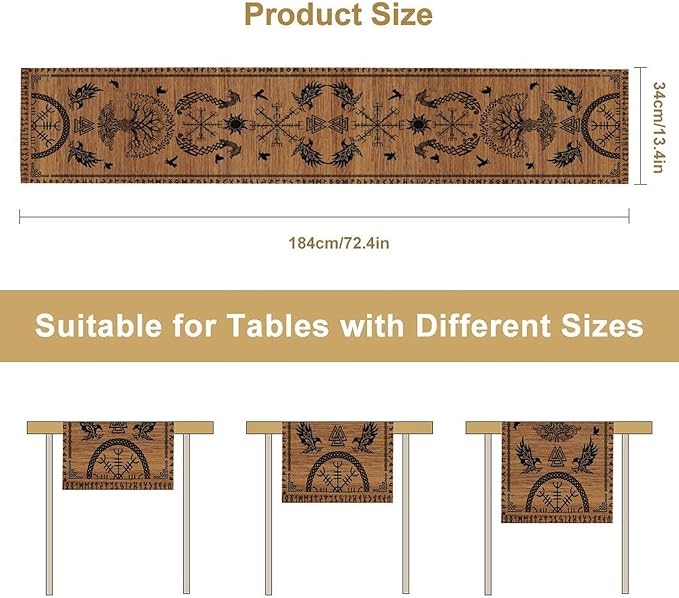 Viking Table Runners, Viking Tree of Life Raven Helmet of Awe Wood Print Table Runner for Home Kitchen Coffee Dining Room Bedroom Party 13x120in