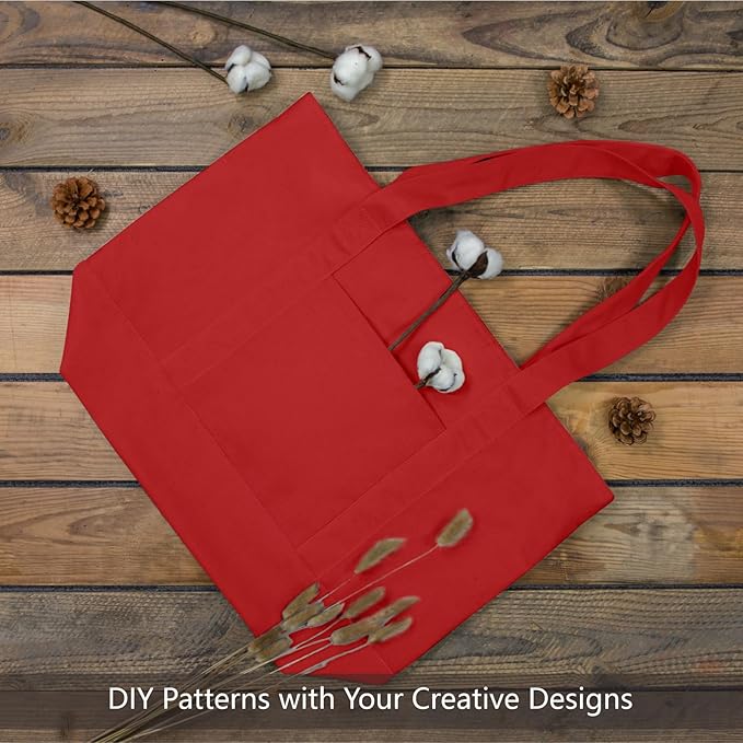 TOPDesign 6-Pack Canvas Tote Bags with an External Pocket, Reusable Grocery Shopping Bags, Top Zipper Closure, Daily Essentials (Red)