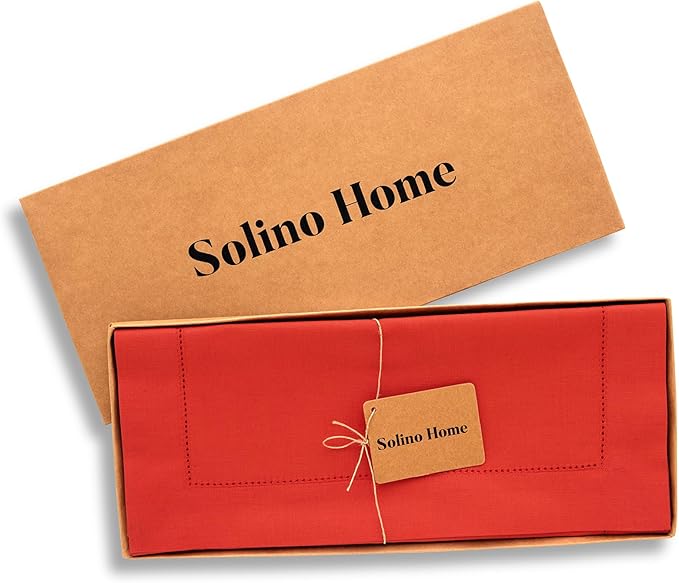 Solino Home Table Runner 108 Inches Long - Cotton Linen Hemstitch Poppy Red Table Runner 14 x 108 Inch for Valentines