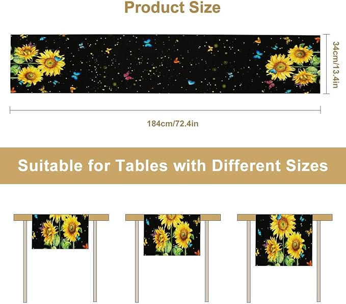 Farmhouse Sunflower Table Runner, Black Starry Spring Yellow Flowers Botanical Butterfly Table Runners for Dining Kitchen Holiday Party Table Decor, 13x70inch