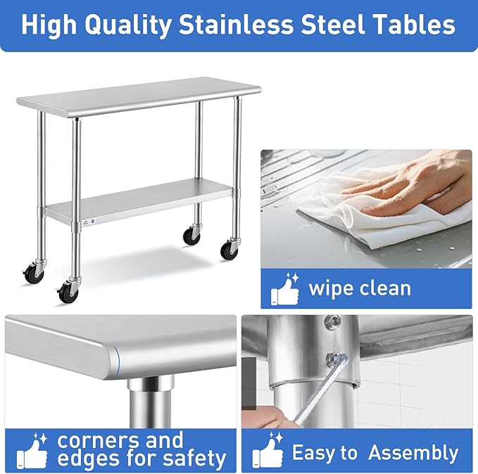 ROCKPOINT Stainless Steel Table for Prep & Work with Caster Wheels 18x30 Inches, NSF Metal Commercial Kitchen Heavy Duty Table with Adjustable Under Shelf and Table Foot for Restaurant, Home and Hotel