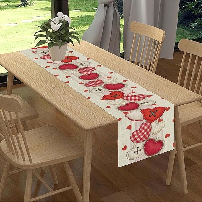 Valentines Day Table Runner,Rustic Red Heart Buttons Runner for Table Seasonal Romantic Decor for Indoor Outdoor Dining Table Decorations, 13"x90"