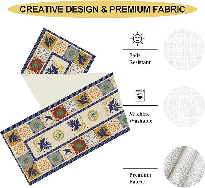 Mexican Table Runner, Blue Floral Birds Mexico Talavera Ceramic Dia De Los Muertos Coffee Table Center Decor for Family Home Kitchen and Dining Farmhouse Indoor Outdoor Table Decorations, 13" X 36"