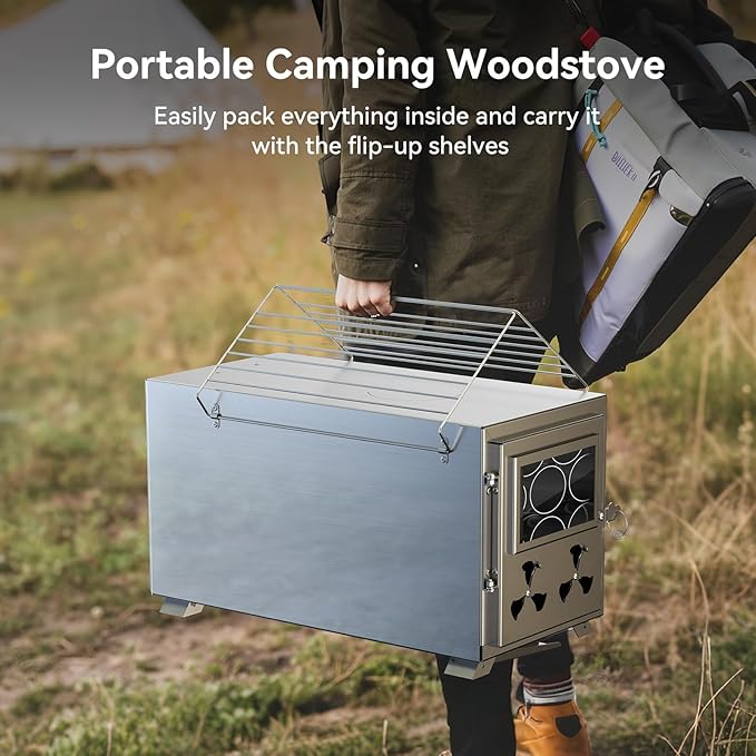 Hot Tent Stove, Camping Wood Burning Stove with 8 Stainless Chimney Pipes, Folding Portable Wood Stove for Tent, Outdoor Heating, Cooking, Ice Fishing, Hunting