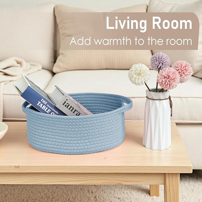 Woven Basket,Small Rope Storage Bin with Handles & Ribbon Bag, Organizer for Shelves Closets,Gift Basket Empty for Birthday,Books,Dog Toys, Blue/2 Pack