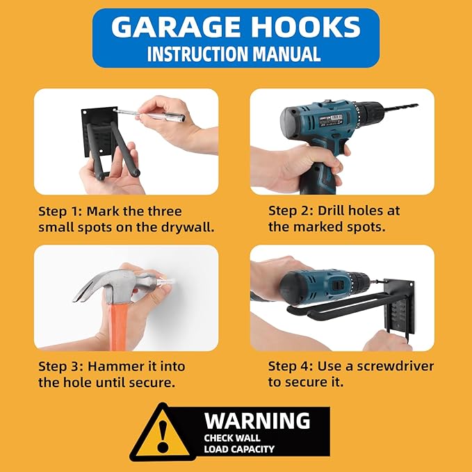 4 Pack Garage Hooks Heavy Duty 10 INCH Double-Layer Steel Shed Wall Mount Workshop Garage Storage Organizer Hooks for Hanging Garden Tool, Hose, Ladder, Chairs, Bikes with Anti-Slip Coating
