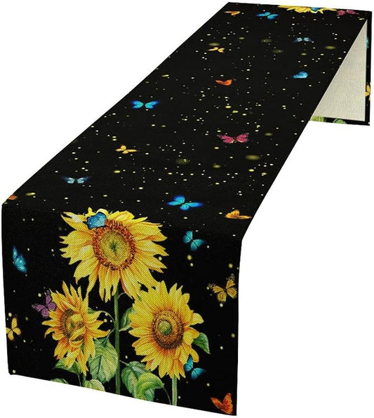 Farmhouse Sunflower Table Runner, Black Starry Spring Yellow Flowers Botanical Butterfly Table Runners for Dining Kitchen Holiday Party Table Decor, 13x36inch