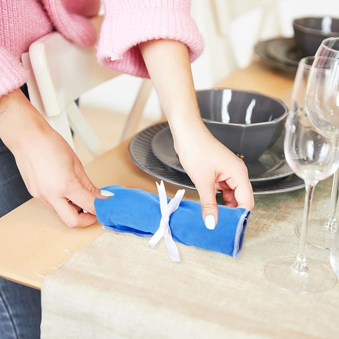 Weewooday Silver Storage Bags Anti Tarnish Silver Protector Bags Blue Holder for Silverware Flatware Storage Organizer Cloth Place Setting Roll with White Ribbon for Teaspoon Utensils(6 Pieces)