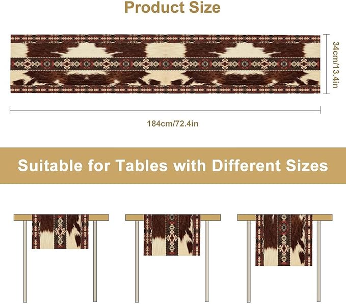 Cowhide Table Runner, Brown Cow Western Exotic Aztec Wild Animals Skin Table Runner for Kitchen Farmhouse Dining Home Outdoor Party 13x90in