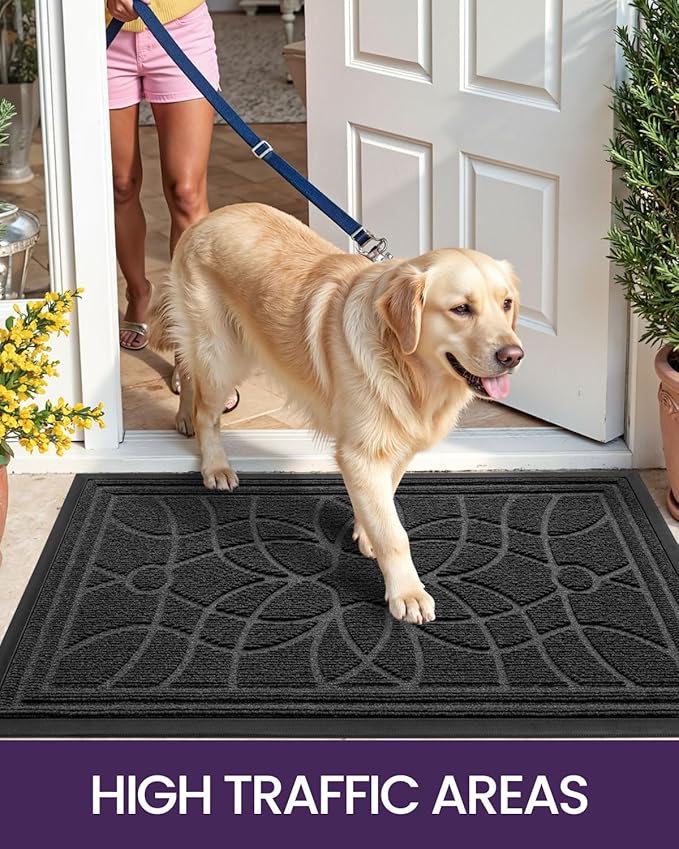 DEXI Front Door Mat Outside Entrance, Heavy Duty Non Slip Low Profile Doormat for Entryway, Trap Dirt and Moisture Welcome Mats, Easy Clean, Patio, Garage, 6x4, Grey