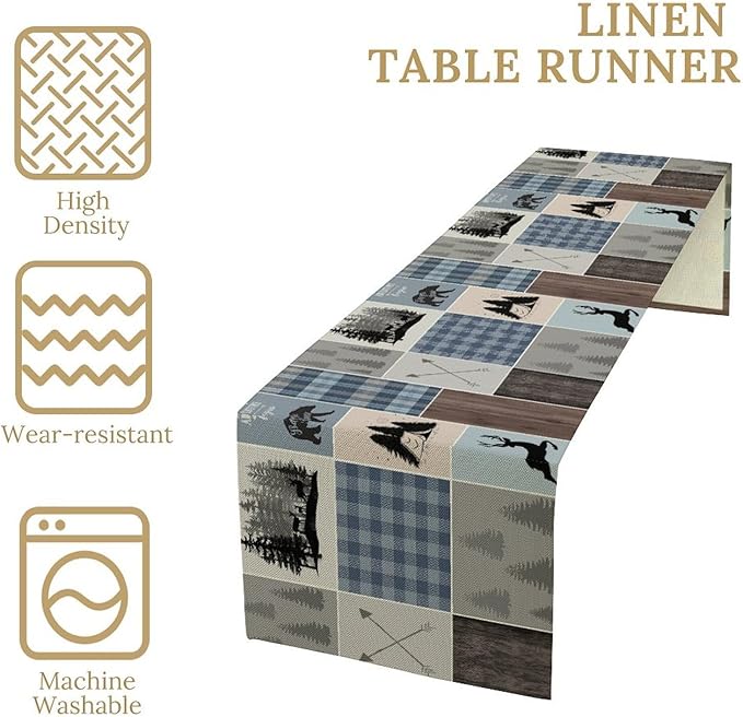 Rustic Bear Deer Table Runner, Blue Checkered Nature Forest Wildlife Farmhouse Cabin Country Table Runner for Outdoor Dining Kitchen Camping Party 13x60in