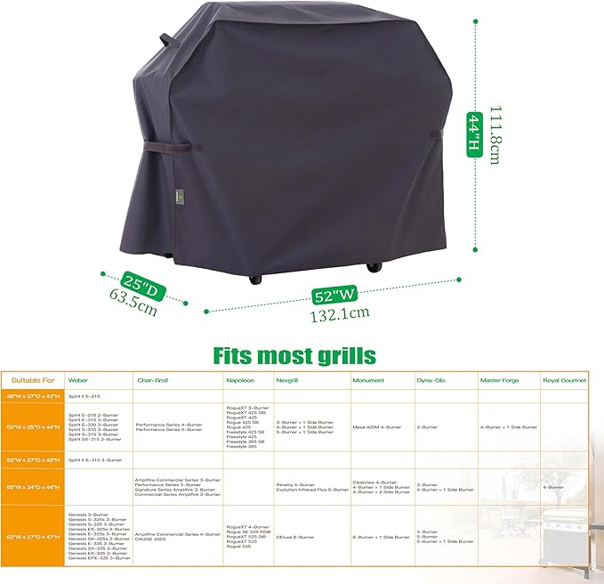 F&J Outdoors Grill Cover, Waterproof Anti-UV for 3-4 Burner Charcoal Gas BBQ, 52Wx25Dx44H in, Grey