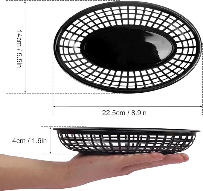 80 Pcs 9 x 5.7 Inch Reusable Oval Fast Food Baskets, Sturdy Plastic Serving Baskets for Fast Food, Parties, Picnics, BBQs and Snacks, by KUKLIPJIM.(Black)