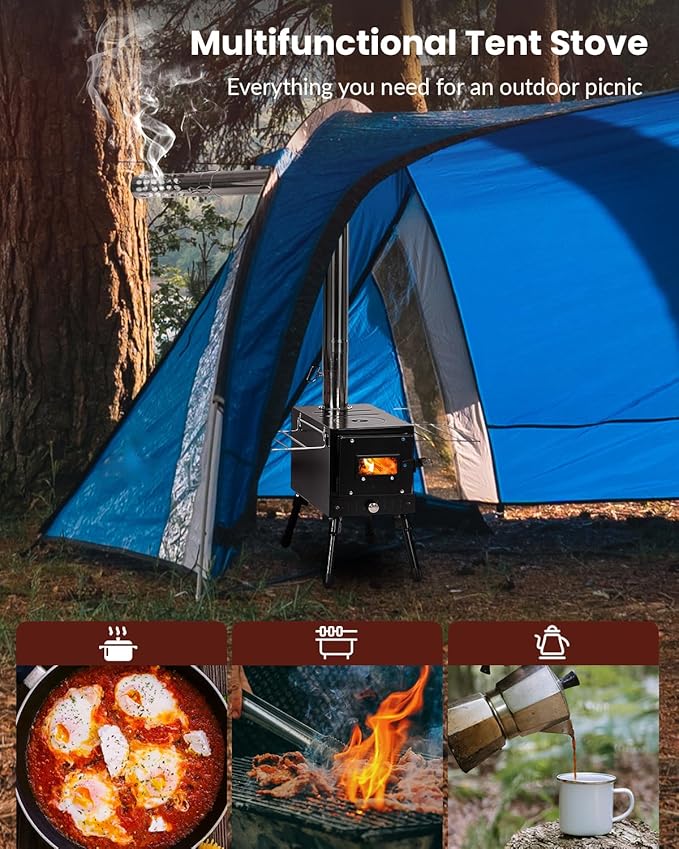 Wood Stove,YRenZ Hot Tent Stove with 7-Section Stainless Steel Chimney, HeatControl Stovepipe and Elbow Pipe, Wood Burning for Outdoor Camping and Ice Fishing