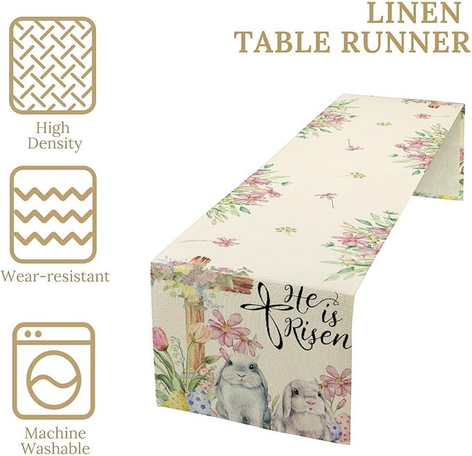Easter Bunny Rabbits Table Runner,Boho Floral Cross Rabbits Easter Eggs Spring Table Center Decor for Family Kitchen and Living Room Outdoor Farmhouse Party Table Decorations, 13"x36"