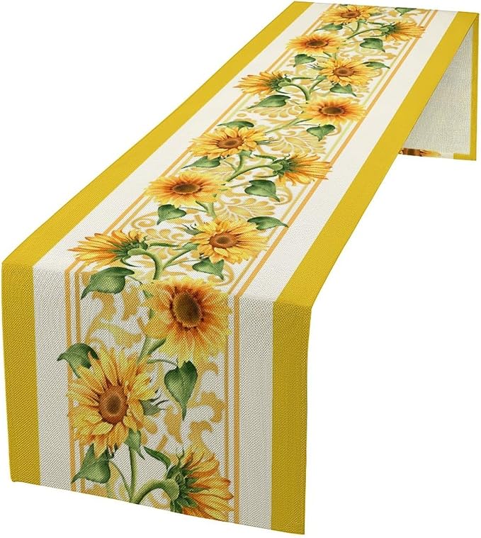 Yellow Sunflower Table Runner, Spring Summer Seasonal Floral Farmhouse Rustic Vintage Flower Print Table Cover for Home Kitchen Dining Table Decor Party, 13x36inch