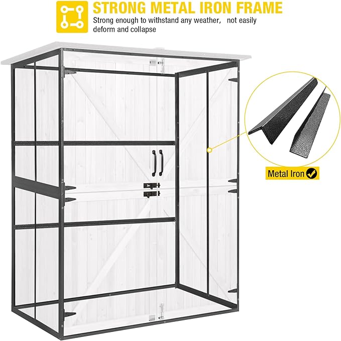 Aivituvin Storage Shed Outdoor Storage Cabinet Upgraded with All Arounded Metal Frame, Wooden Floor and Adjustable Shevels 55" L x 29" W x 67" H, Off-White
