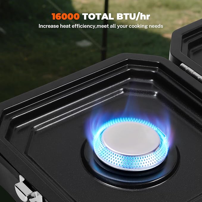 2 Burner Propane Camping Stove With Grill,Portable Foldable Camp Stove With 17000BTU, Two Piezo Ignition Adjustable Windproof Burners forCamping, Grilling, Tailgating, & More (Black)