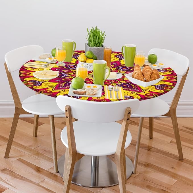 Floral Mandala Vintage Round Table Cloth Cover, Elastic Edge Waterproof Wipeable Tablecloths 45"-56" Polyester Tablecloth for Party Restaurant Banquet Holiday Camping Outdoor Picnic