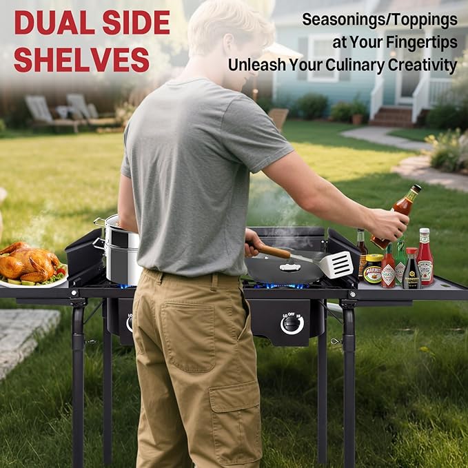 2 Burner Propane Camp Stove | 150,000 BTU Gas Burners | Side Shelves | Windscreen | Waterproof Cover | Detachable Legs | Ideal for Camping Backyard Outdoor Cooking