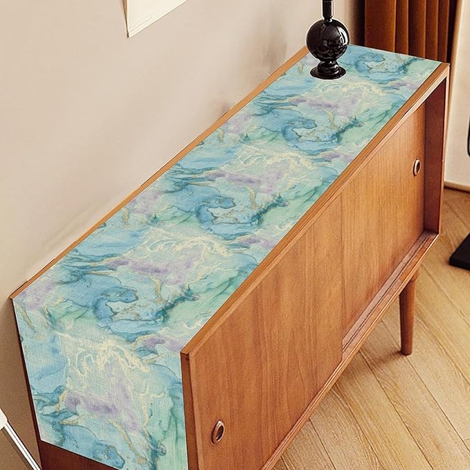 Summer Beach Table Runner, Blue Sea Coastal Nautical Marble Wave Ocean Table Runner Seasonal Holiday Home Kitchen Dining Table for Home Party Decor 13"x72"