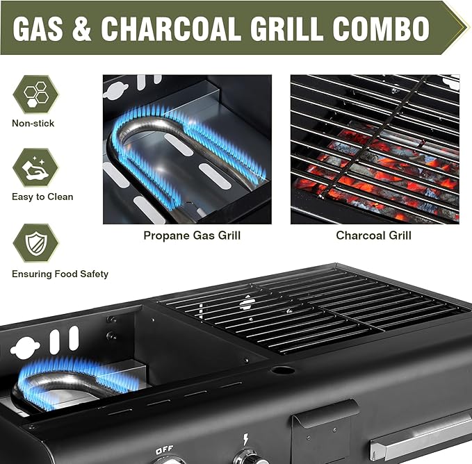 Tabletop Propane & Charcoal Grill Combo, 12,000 BTU Dual Fuel Flat Top Griddle with Dual Lids, 2 Side Shelves & Cast Iron Cooking Area – Compact BBQ Grill for Patio, Camping, and Small Outdoor Spaces