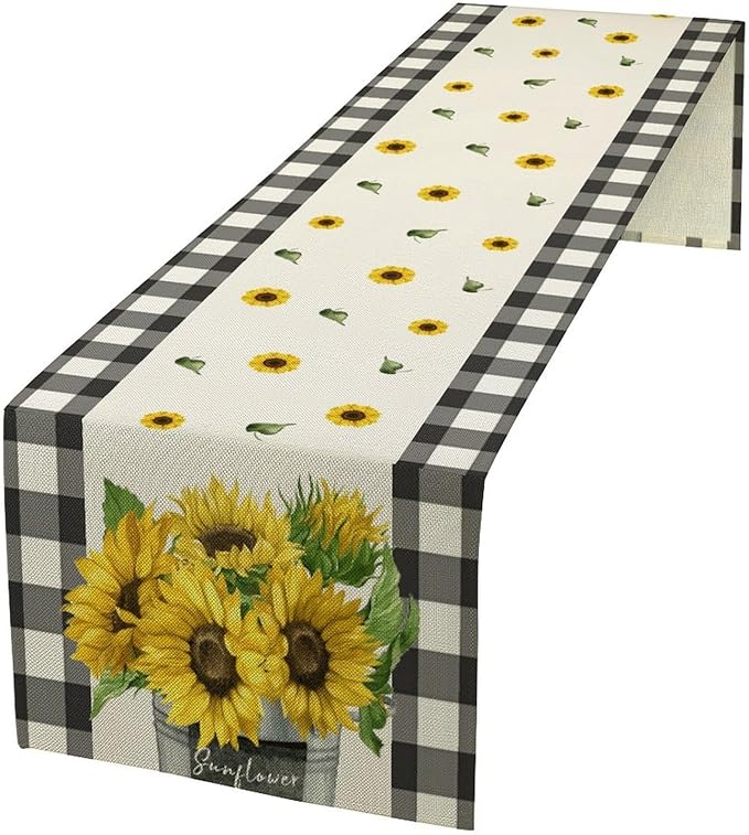 Morden Sunflower Table Runner,White Black Buffalo Plaid Watercolor Summer Flower Plants Leaves Print Table Runner for Kitchen Dining Table Holiday Home Party Decor 13x60in