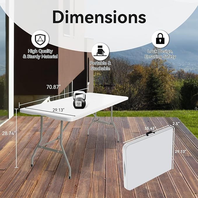 30 Pack of 6 Foot Foldable Table with Built in Handle & Steel Legs ,Heavy Duty Portable ,Perfect for Party, Dining, Wedding, Events, Picnic Indoor, Outdoor, Camping, Utility, Folding(white-30pac)