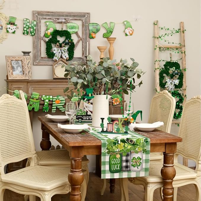 GEEORY St. Patrick's Day Table Runner 13 x 60 Inch, Shamrocks Plaid Mason Jar Decorative Holiday Table Decoration for Kitchen Dinning, Indoor Outdoor Dinner Party Décor GT142-60