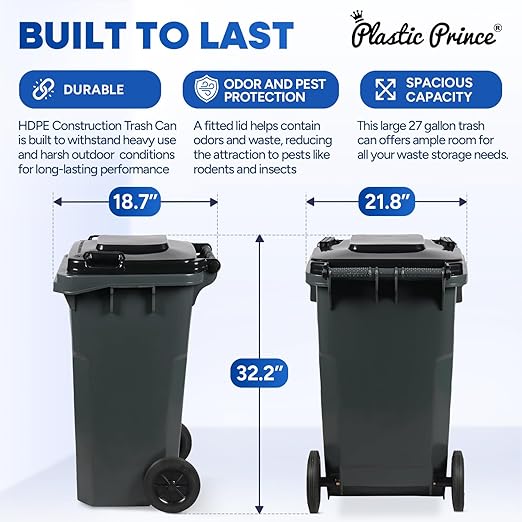 27 Gallon Trash Can with Wheels Plastic Rollout Outdoor Trash Can with Lid Outside Garbage Can with Wheels and Lid Commercial Heavy-Duty Container, Gray