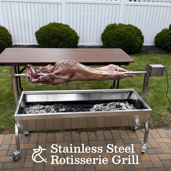 Ash & Ember 13W Stainless Steel Rotisserie Grill, Rated 85 LB for Medium Game, 4 RPM Rotation Speed, Outdoor Grill with Dual Prong Spit Rod, Single Leg Bracket, and Spine Fork