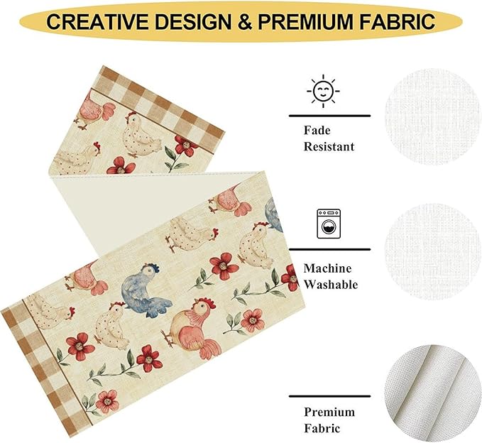 Farmhouse Rooster Table Runner, Rustic Farm Chicken Brown Plaid Flower Plant Watercolor Coffee Table Center Decor for Home Kitchen Dining Patio Party Indoor Outdoor Table Decorations, 13" X 108"