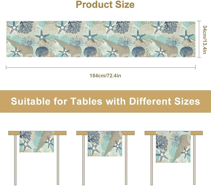 Marine Life Table Runner, Sea Underwater World Ocean Creature Table Runner for Dining Kitchen Party Holidays Home 13x36in