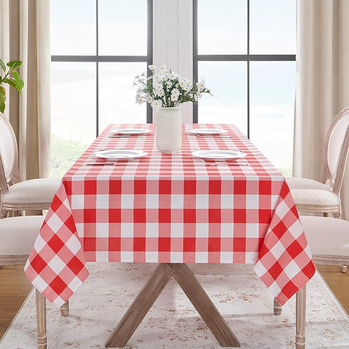 Softalker Gingham Checkered Tablecloth Rectangle - Outdoor Waterproof Buffalo Plaid Table Cloth, Stain Resistant Washable Table Cover for Picnic, Camping, Dining - Red and White, 60 x 84 Inch