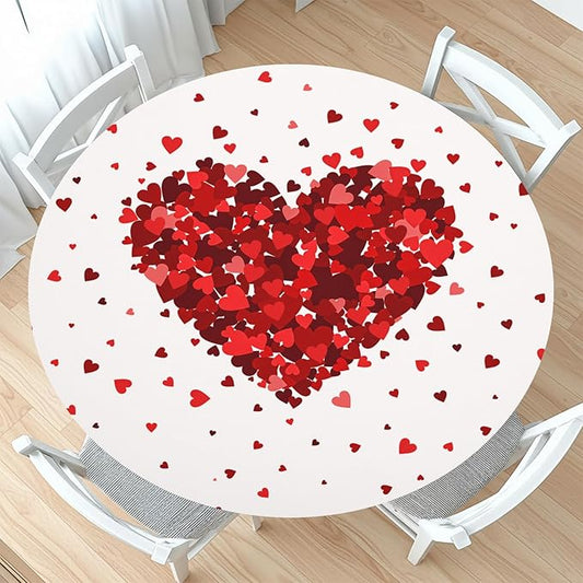Valentines Day Round Fitted Tablecloth with Elastic Red Love Heart Circle Table Cloth for 40-44" Tables Wipeable Waterproof Washable Valentine Decorative Table Cover for Picnic Dining Party Decor