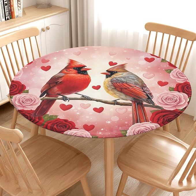 Valentines Day Round Fitted Tablecloth with Elastic Cardinal Bird Heart Circle Table Cloth for 40-44" Tables Wipeable Waterproof Washable Valentine Red Birds Table Cover for Picnic Dining Party Decor