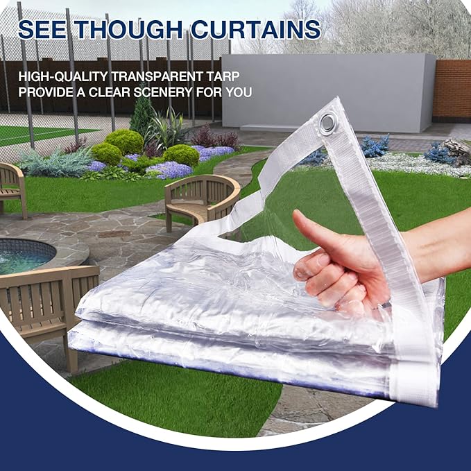 Clear Tarp 10' x 12', 15 OZ Clear Vinyl PVC Tarp Waterproof Tarpaulin 100% Transparent PVC Tarps Upgrade to Double The Cold Resistance-Temperature from -5°F to 140°F