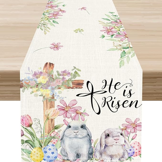 Easter Bunny Rabbits Table Runner,Boho Floral Cross Rabbits Easter Eggs Spring Table Center Decor for Family Kitchen and Living Room Outdoor Farmhouse Party Table Decorations, 13"x36"