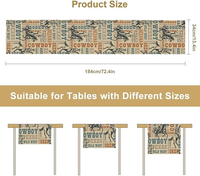 Western Cowboy Table Runner, Vintage Country American West Cowboy Riding Horse Table Runner for Home Kitchen Dining Party Farmhouse Cafe Outdoor 13x60in