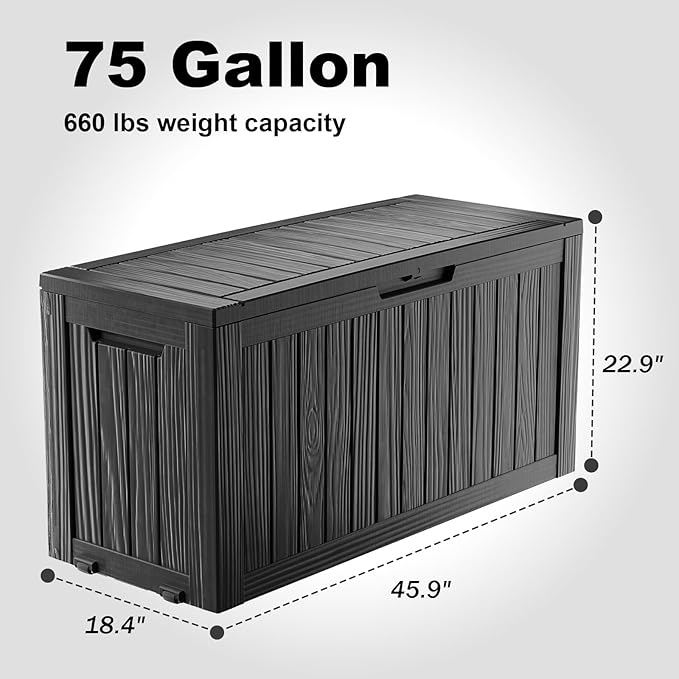 75 Gallon Outdoor Storage Box – Resin Deck Box with Lockable Lid, Waterproof Patio Furniture Storage for Tools, Garden & Yard Organization