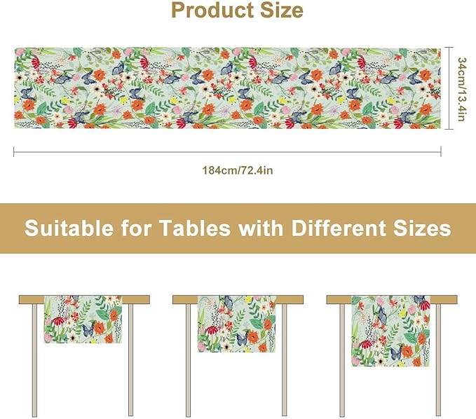 Butterfly Table Runner, Colorful Wildflower Butterfly Spring Table Runner for Holiday Kitchen Dining Home Party Outdoor 13x108in