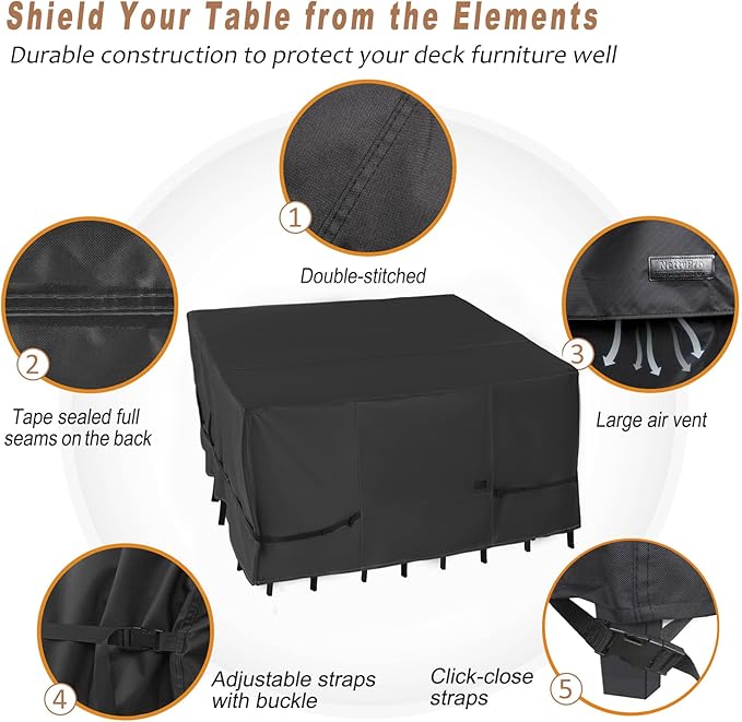 NettyPro Patio Table Cover Square 80 x 80 Inch, Waterproof Outdoor Furniture Dining Set Covers for Table and Chair, Black