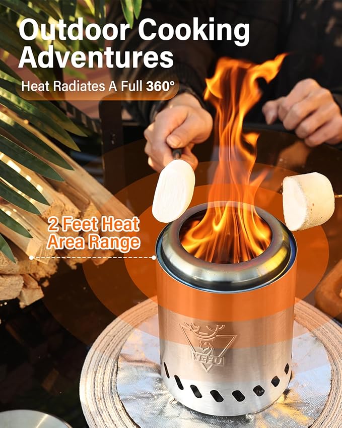 YEFU Tabletop Fire Pit 7.5 x 5.5 in, Low Smoke Camping Stove for Outdoor & Patio, Fueled by Pellets or Wood, Safe Burning Table Top Firepit, with Travel Bag & 2 Mini Sticks & Fireproof Mat, Silver