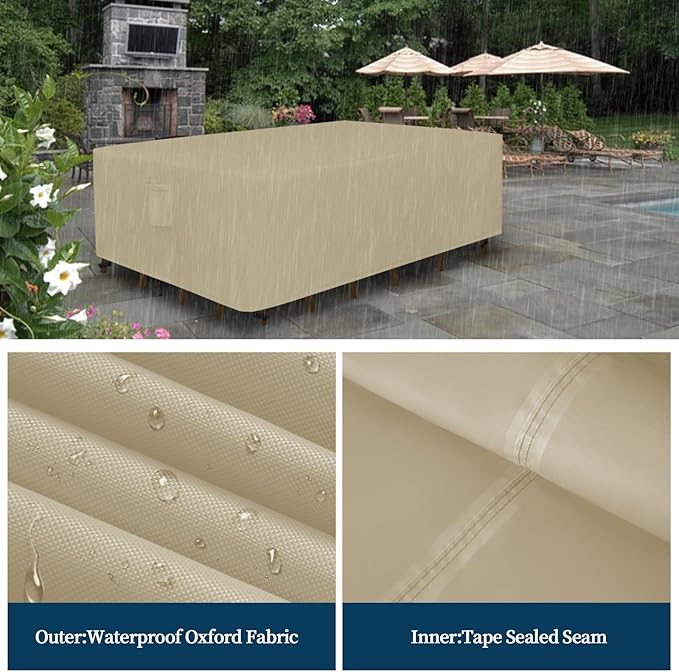 Easy-Going Rectangle Patio Furniture Cover Waterproof Outdoor Dining Table and Chair Cover Anti-UV Outside Sectional Sofa Set Covers (111"L x 74"W x 28"H, Camel)