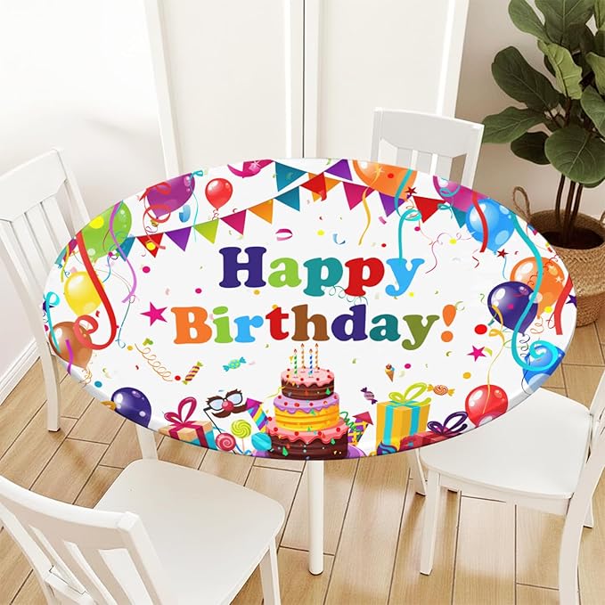 Birthday Round Fitted Tablecloth with Elastic Colorful Happy Birthday Party Circle Table Cover for 36-40" Round Tables Wipeable Waterproof Cake Balloons Gifts Table Cloth for Picnic Dining Patio Decor