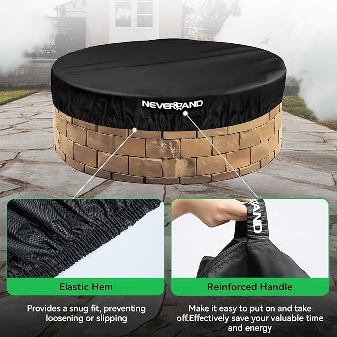 NEVERLAND Round Fire Pit Cover for In-Ground Fire Pits, 61-66 Inch Heavy Duty 600D Waterproof Outdoor Firepit Cover, Fits Built-In Stone Fire Pits, Black