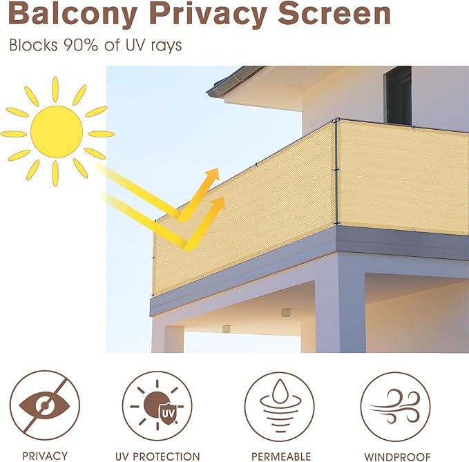 SUNNY GUARD 3'x10' Sand Yellow Balcony Deck Privacy Screen Fence, Apartments Railing Screen, Heavy Duty Wind Screen for Outdoor,Deck,Backyard,Patio Privacy（We Make Custom Sizes）