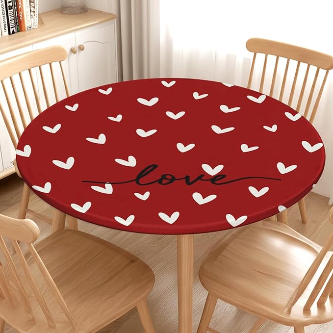 Valentines Day Round Fitted Tablecloth with Elastic Red White Love Heart Circle Table Cloth for 48-52" Round Tables Stretch Waterproof Washable Valentine Table Cover for Picnic Dining Party Decor